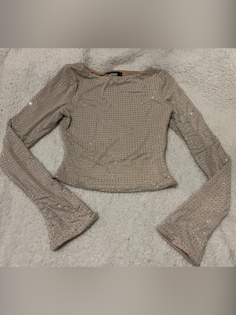 Boohoo Women's Taupe Rhinestone Long Sleeve Top